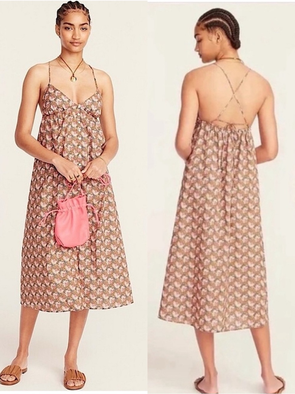 J. Crew Pink and Brown Floral Midi Dress
